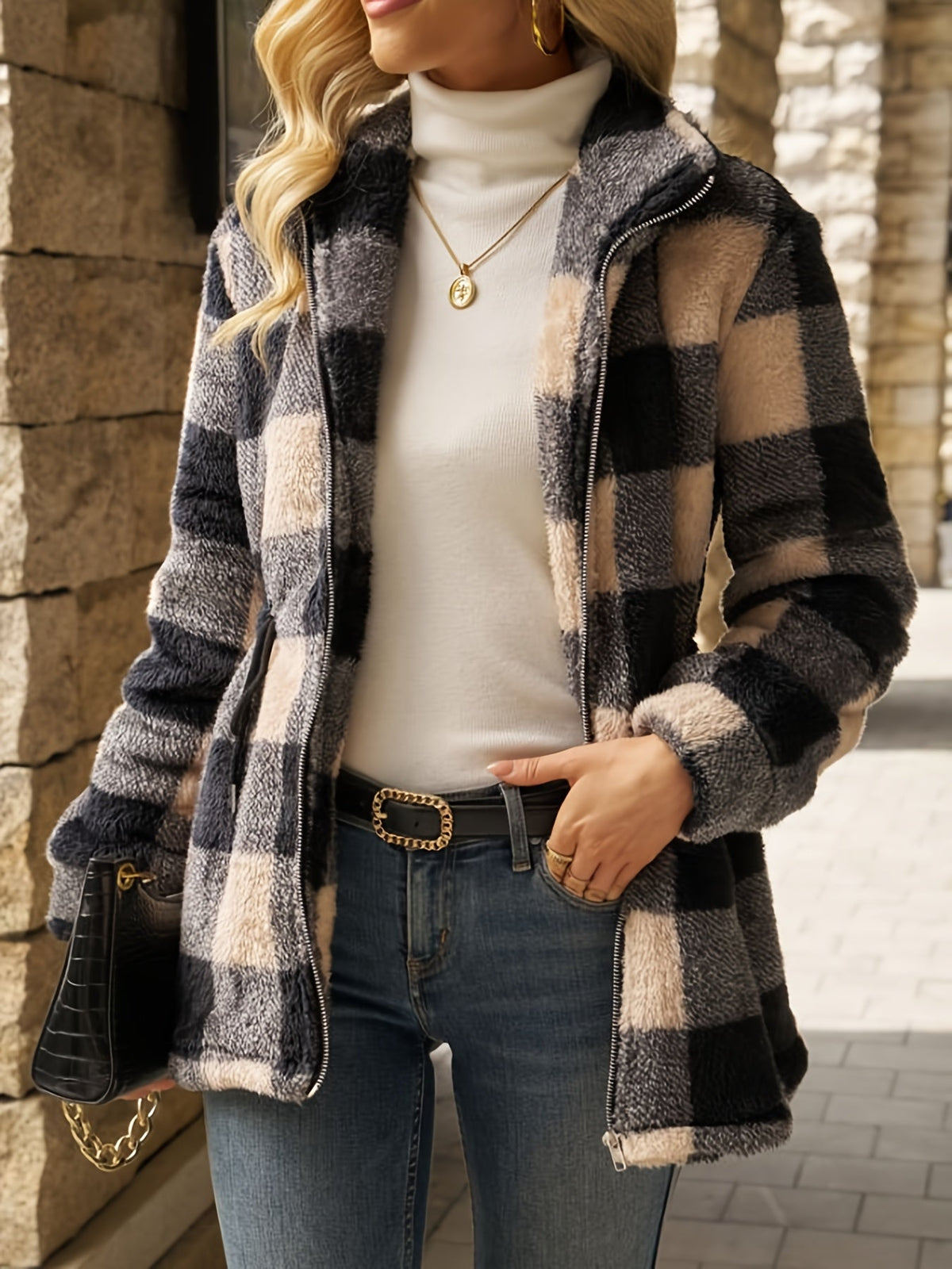 Check Jacket Women with Waist Tie and Full Sleeves - 2 - London-stylehouse.com