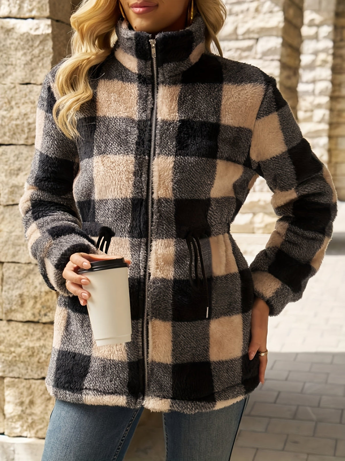 Check Jacket Women with Waist Tie and Full Sleeves - 4 - London-stylehouse.com