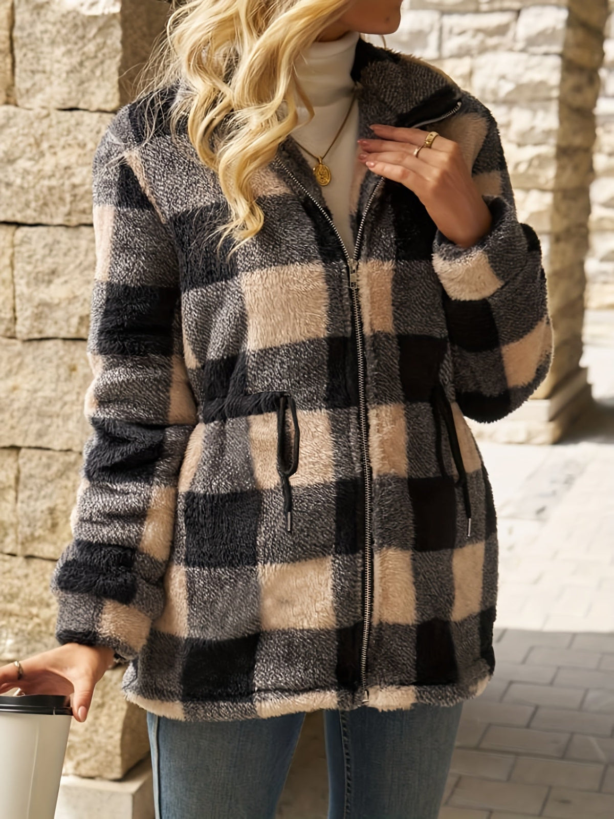 Check Jacket Women with Waist Tie and Full Sleeves - 5 - London-stylehouse.com