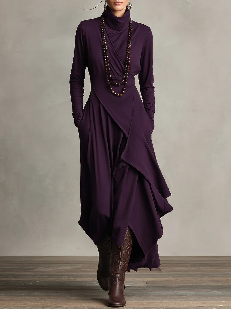 Maxi Dress Women's Asymmetrical Cut with High Neck and Pockets - 1 - London-stylehouse.com
