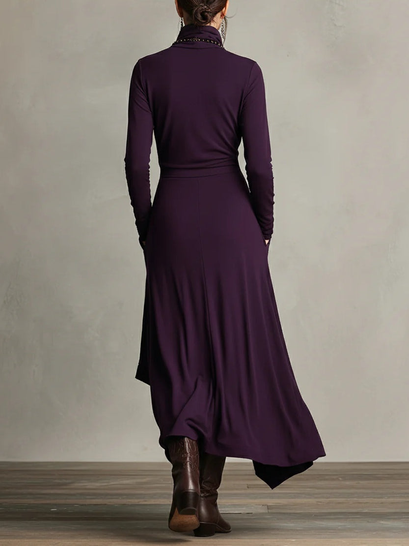 Maxi Dress Women's Asymmetrical Cut with High Neck and Pockets - 3 - London-stylehouse.com