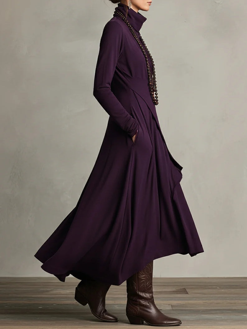 Maxi Dress Women's Asymmetrical Cut with High Neck and Pockets - 4 - London-stylehouse.com