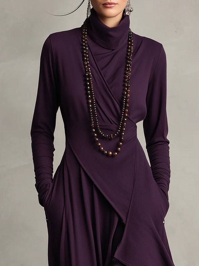 Maxi Dress Women's Asymmetrical Cut with High Neck and Pockets - 5 - London-stylehouse.com
