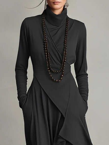 Maxi Dress Women's Asymmetrical Cut with High Neck and Pockets - 7 - London-stylehouse.com