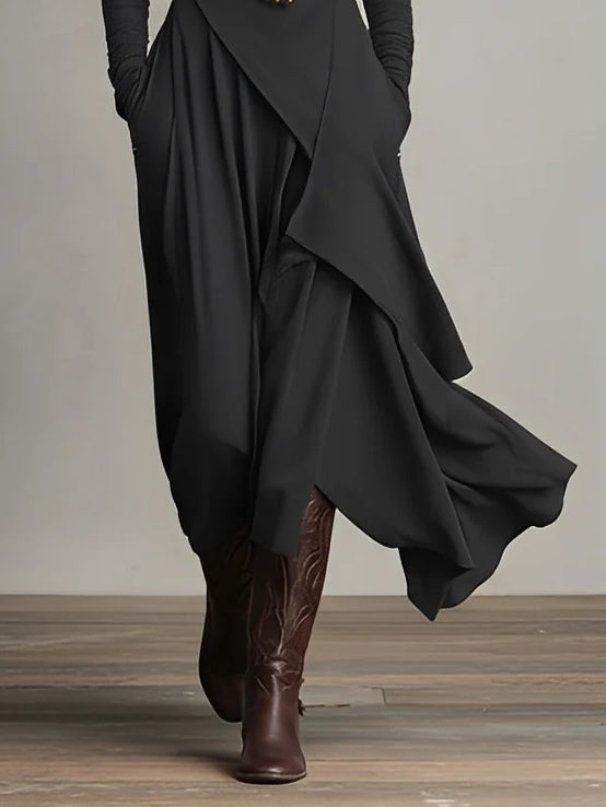 Maxi Dress Women's Asymmetrical Cut with High Neck and Pockets - 8 - London-stylehouse.com