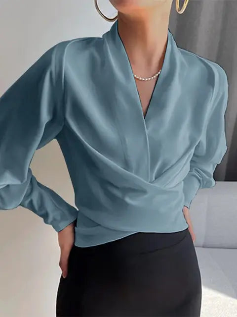 Wrap Blouse for Women with Puff Sleeves and V-Neck - 1 - London-stylehouse.com