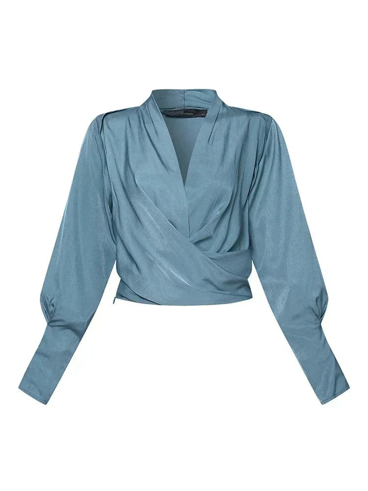 Wrap Blouse for Women with Puff Sleeves and V-Neck - 6 - London-stylehouse.com