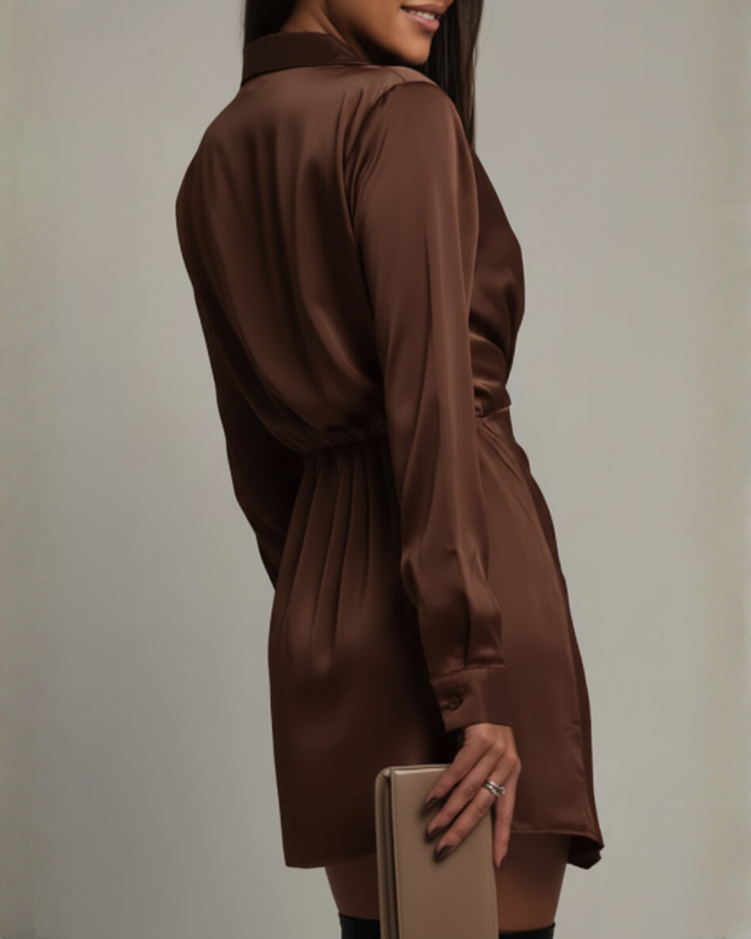 Wrap Dress for Women with Long Sleeves and V-Neck in Chocolate Brown - 4 - London-stylehouse.com