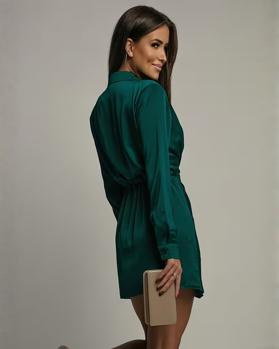 Wrap Dress for Women with Long Sleeves and V-Neck in Chocolate Brown - 7 - London-stylehouse.com