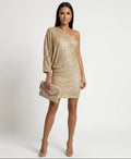 One-Shoulder Women's Dress with Long Sleeves and Sparkling Design - 1 - London-stylehouse.com
