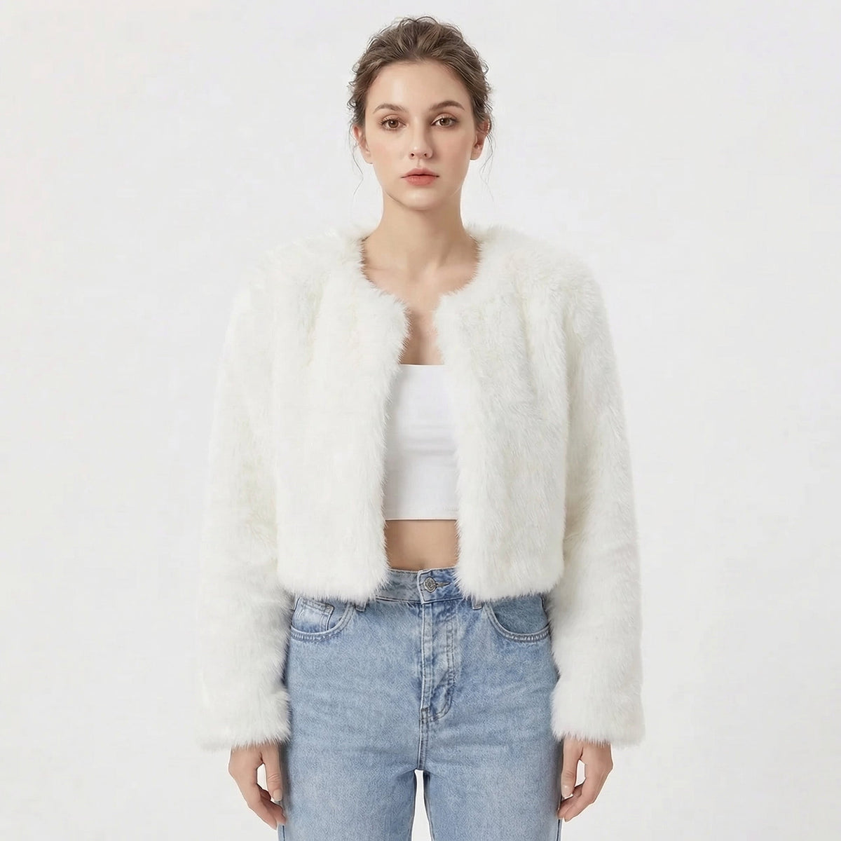 Faux Fur Coat for Women - Cropped Style with Rounded Neckline - 1 - London-stylehouse.com