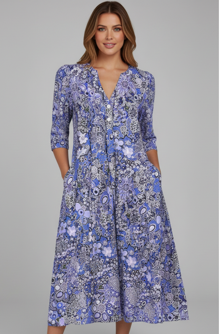 Floral Midi Dress for Women with V-Neck and Three-Quarter Sleeves - 2 - London-stylehouse.com