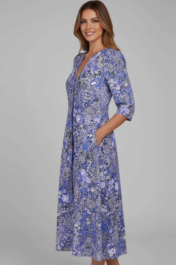 Floral Midi Dress for Women with V-Neck and Three-Quarter Sleeves - 5 - London-stylehouse.com