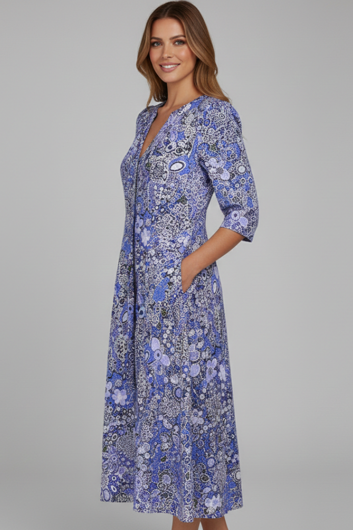 Floral Midi Dress for Women with V-Neck and Three-Quarter Sleeves - 6 - London-stylehouse.com