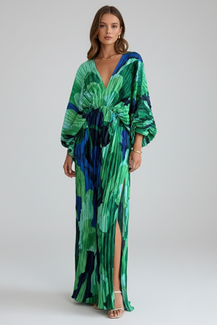 Maxi Dress Women with V-Neck and Pleated Design - 1 - London-stylehouse.com