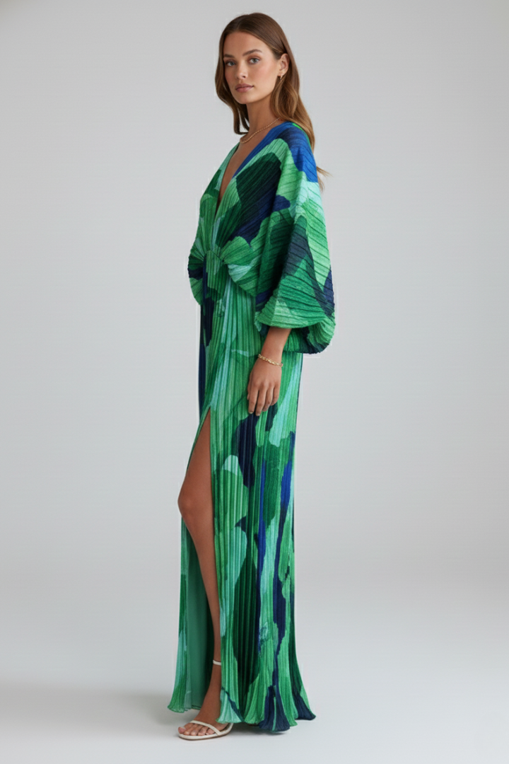 Maxi Dress Women with V-Neck and Pleated Design - 4 - London-stylehouse.com