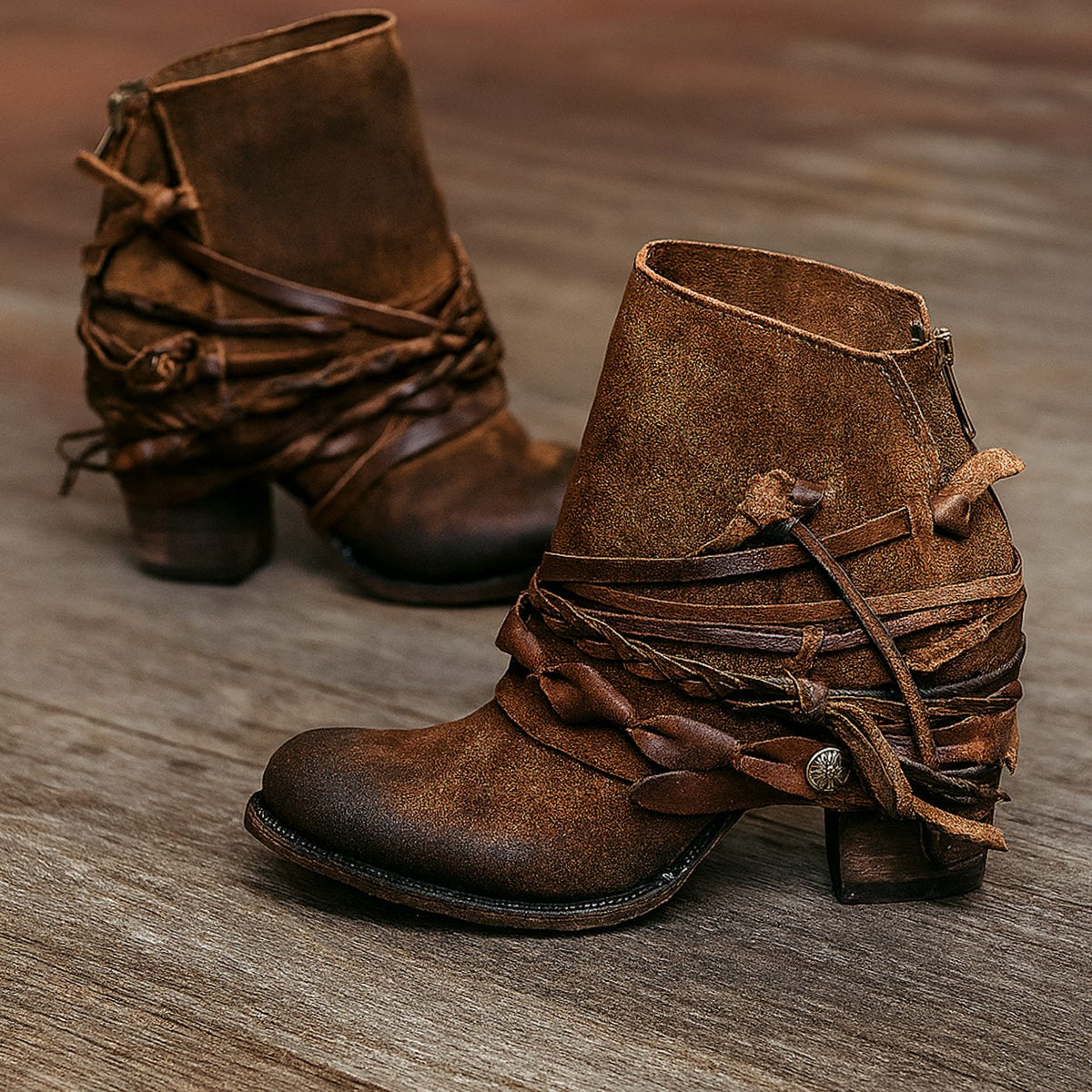 Women's Ankle Boots with Block Heel and Braided Wrap Straps - 2 - London-stylehouse.com