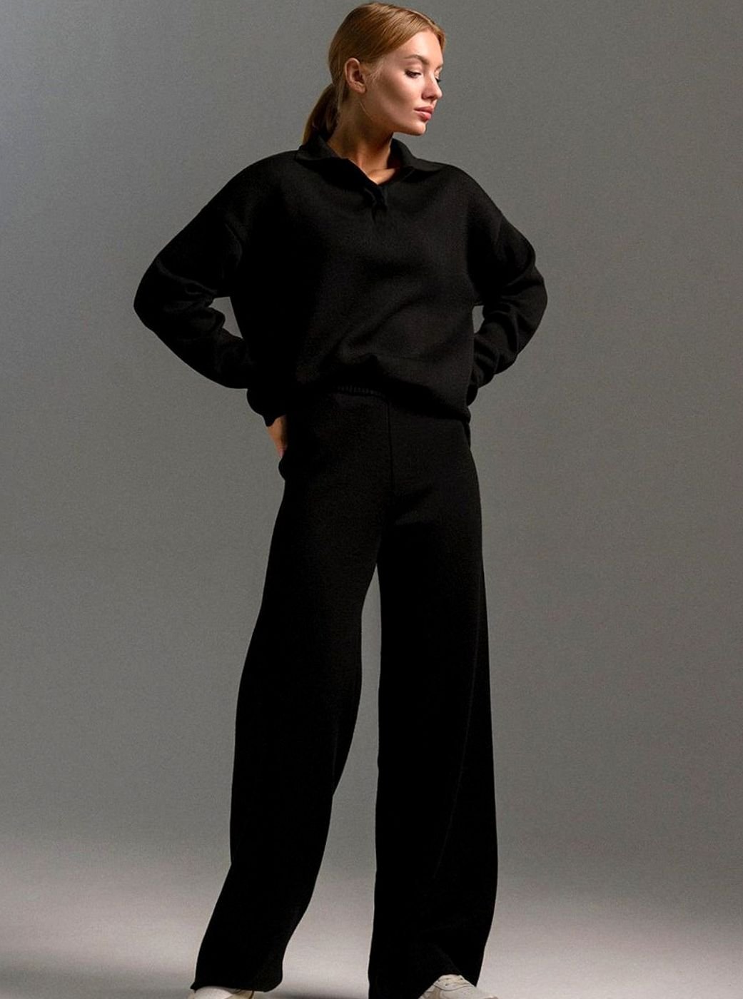Lounge Set Women's Casual Ensemble with Collar and Wide-Leg Trousers - 2 - London-stylehouse.com