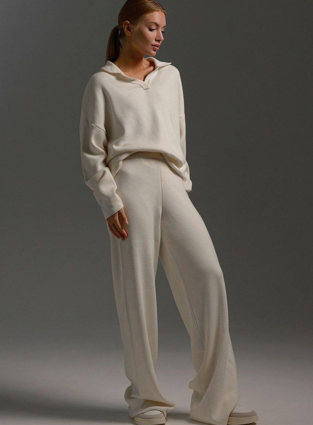 Lounge Set Women's Casual Ensemble with Collar and Wide-Leg Trousers - 6 - London-stylehouse.com