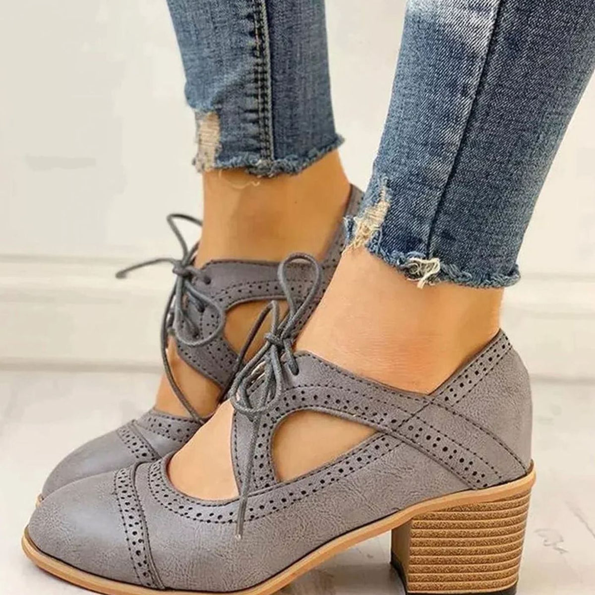 Block Heels Women's Brogue Style with Lacing - 1 - London-stylehouse.com