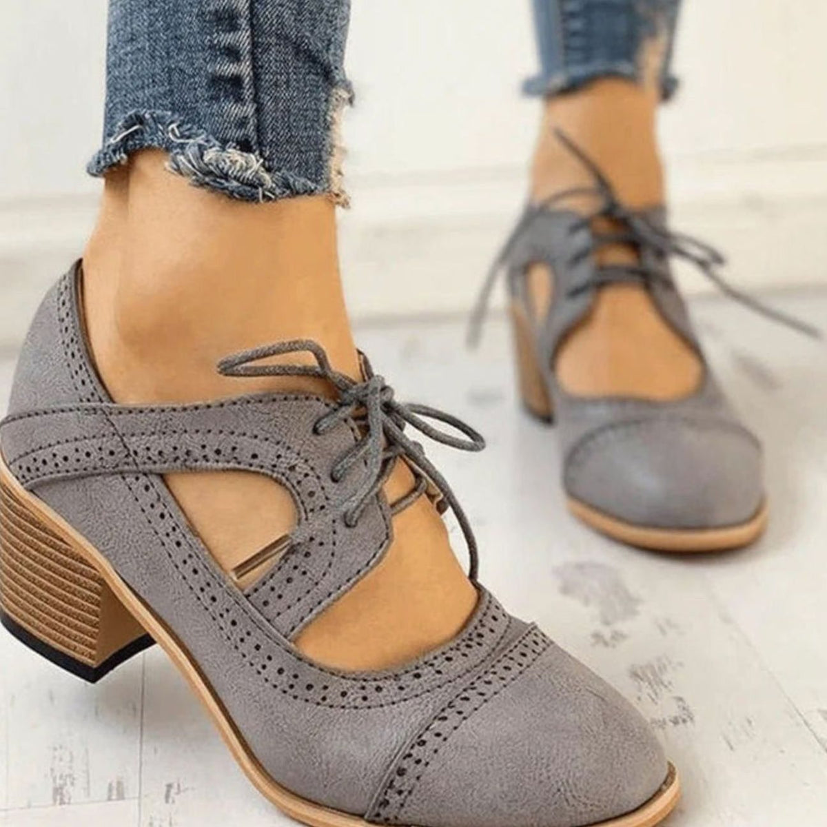 Block Heels Women's Brogue Style with Lacing - 6 - London-stylehouse.com