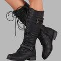 Knee-High Women's Lace-Up Boots with Dual Buckles - 1 - London-stylehouse.com