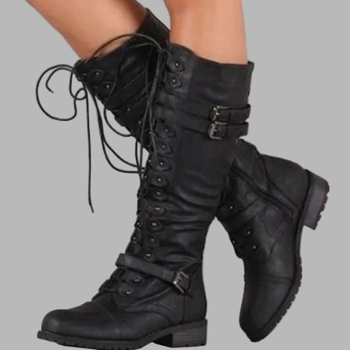 Knee-High Women's Lace-Up Boots with Dual Buckles - 1 - London-stylehouse.com