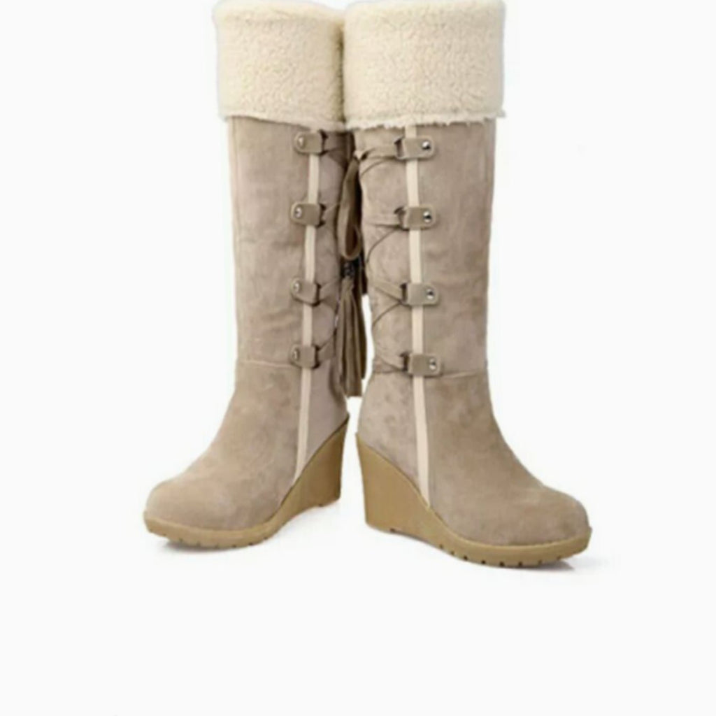 Wedge Boots Women with Faux Fur Cuff and Side Laces - 4 - London-stylehouse.com