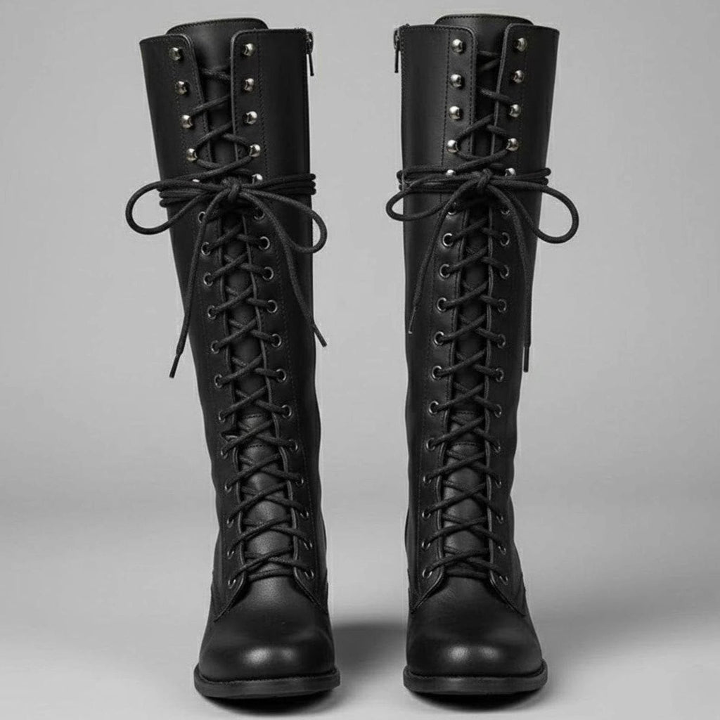 Knee-High Women's Boots with Lace-Up Front and Block Heel - 1 - London-stylehouse.com