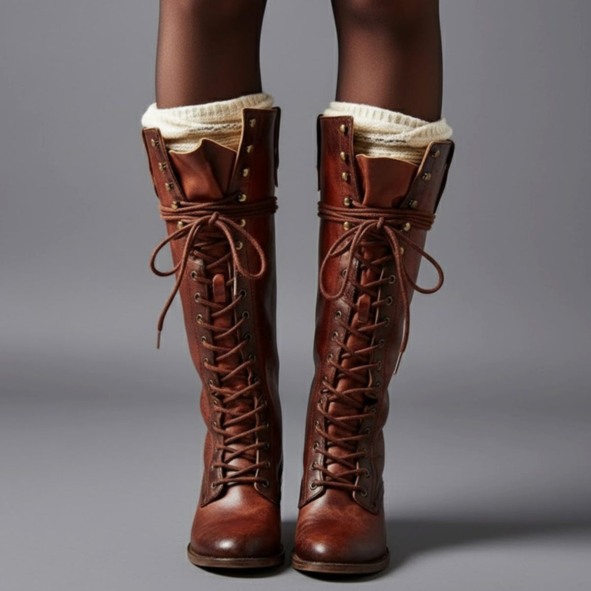 Knee-High Women's Boots with Lace-Up Front and Block Heel - 5 - London-stylehouse.com