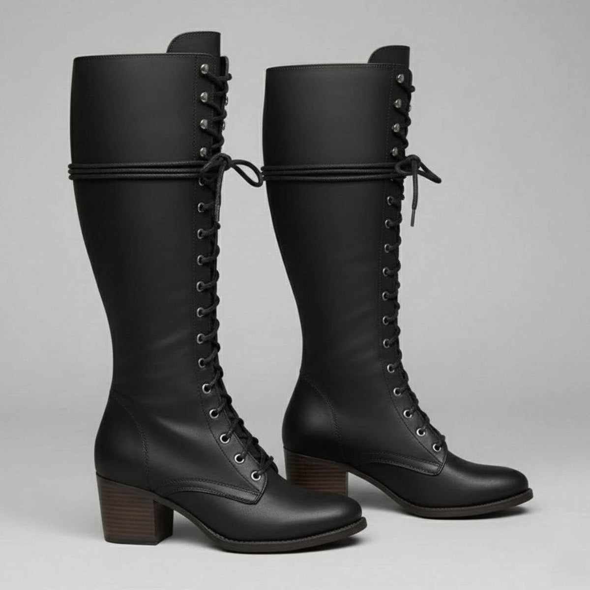 Knee-High Women's Boots with Lace-Up Front and Block Heel - 6 - London-stylehouse.com