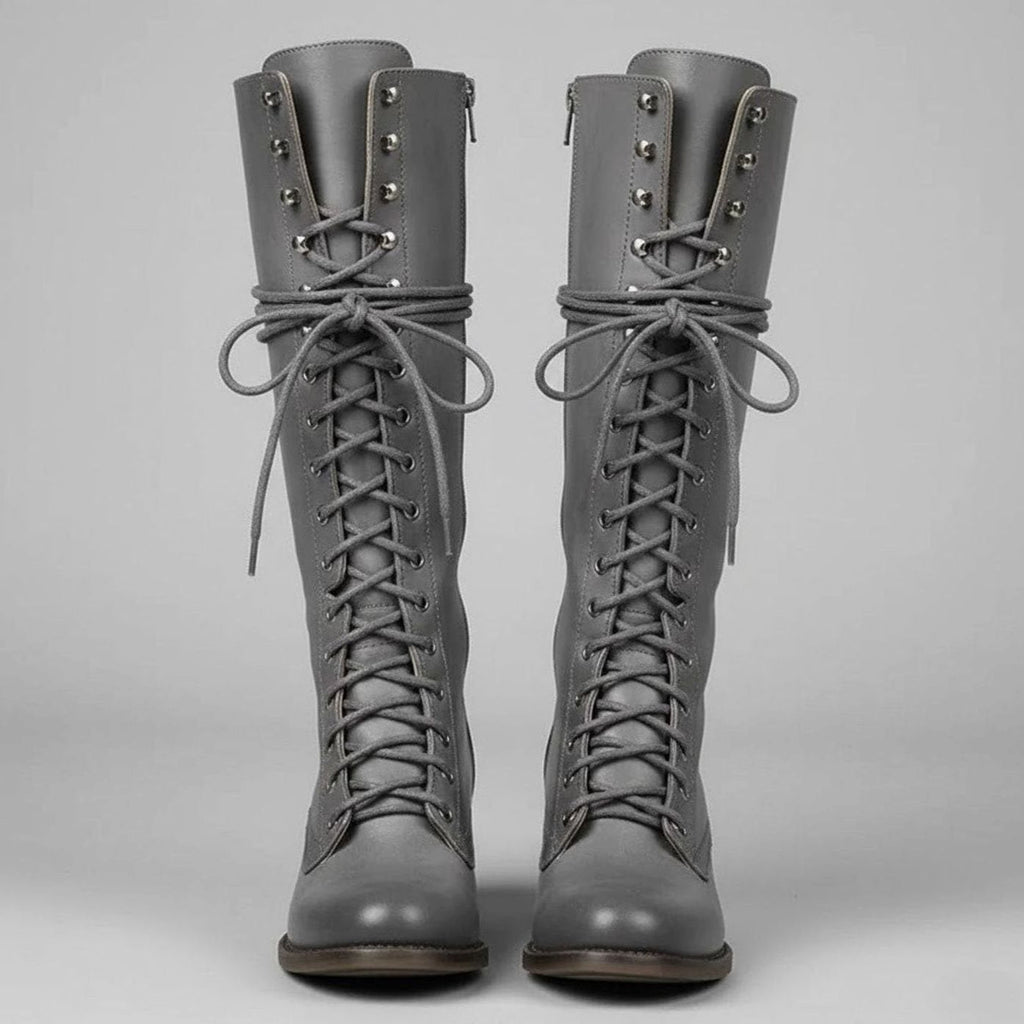 Knee-High Women's Boots with Lace-Up Front and Block Heel - 7 - London-stylehouse.com