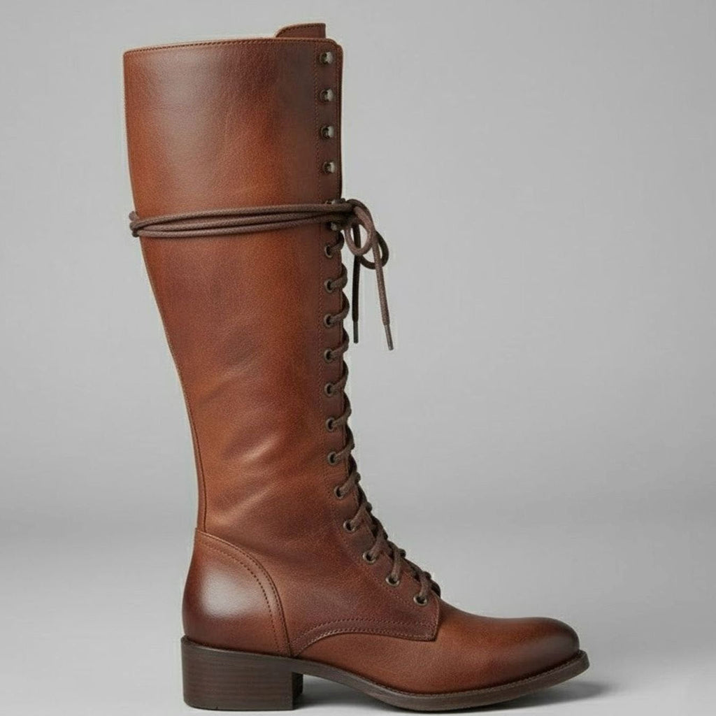 Knee-High Women's Boots with Lace-Up Front and Block Heel - 8 - London-stylehouse.com