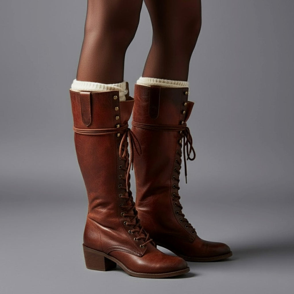 Knee-High Women's Boots with Lace-Up Front and Block Heel - 11 - London-stylehouse.com