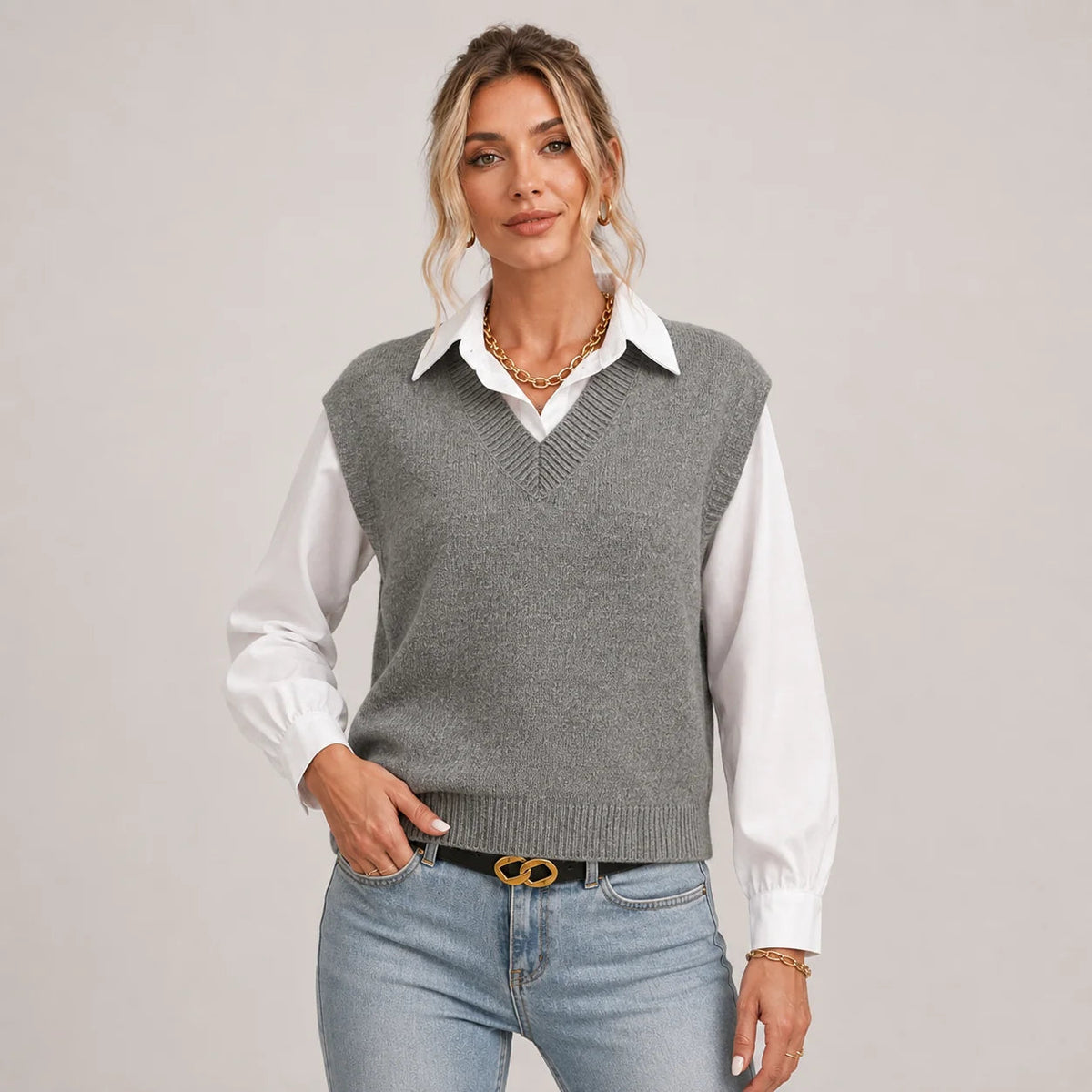 Casual Women's V-Neck Sleeveless Vest with Ribbed Hem - 1 - London-stylehouse.com