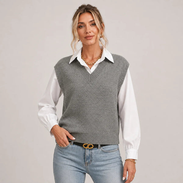 Casual Women's V-Neck Sleeveless Vest with Ribbed Hem - 1 - London-stylehouse.com