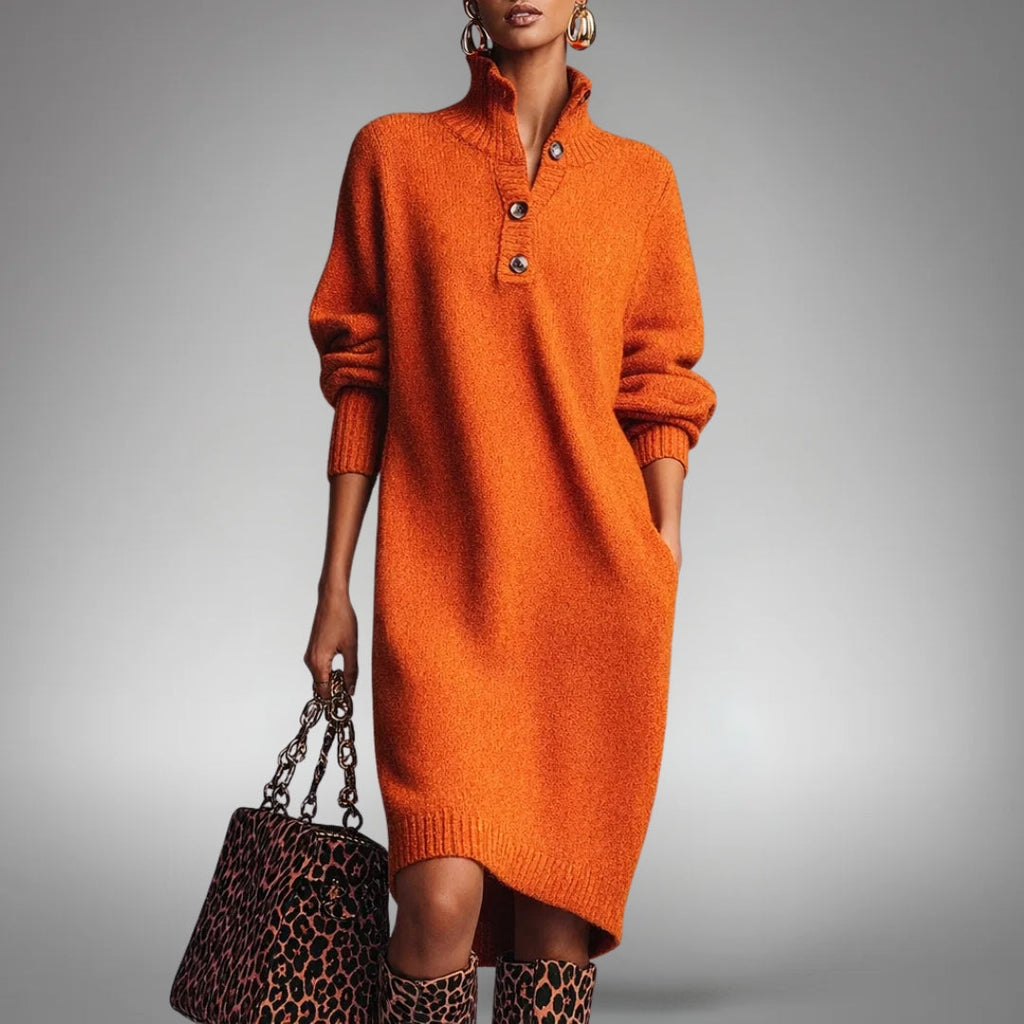 Sweater Dress Women's Long Sleeve with Stand Collar and Button Detail - 1 - London-stylehouse.com