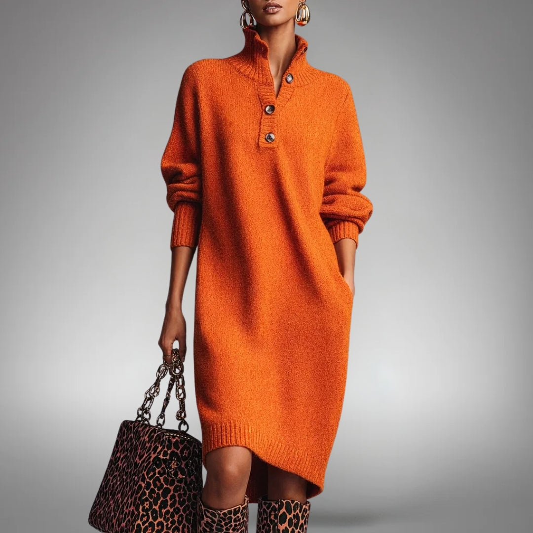 Sweater Dress Women's Long Sleeve with Stand Collar and Button Detail - 1 - London-stylehouse.com