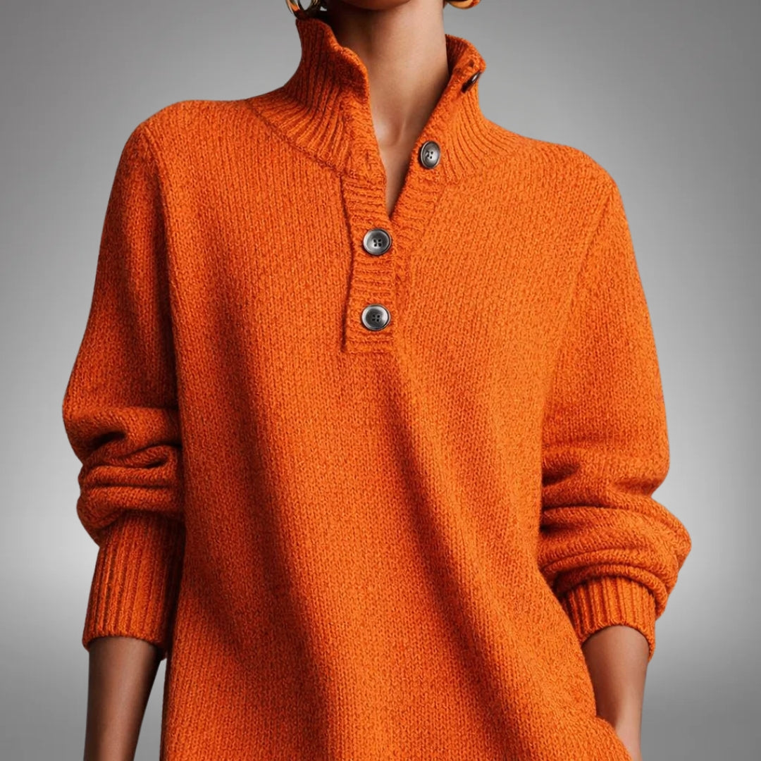 Sweater Dress Women's Long Sleeve with Stand Collar and Button Detail - 2 - London-stylehouse.com