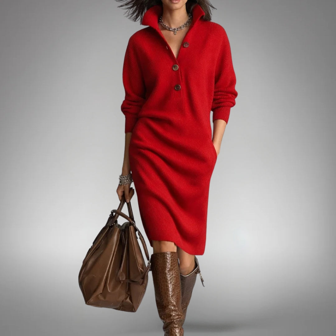 Sweater Dress Women's Long Sleeve with Stand Collar and Button Detail - 4 - London-stylehouse.com