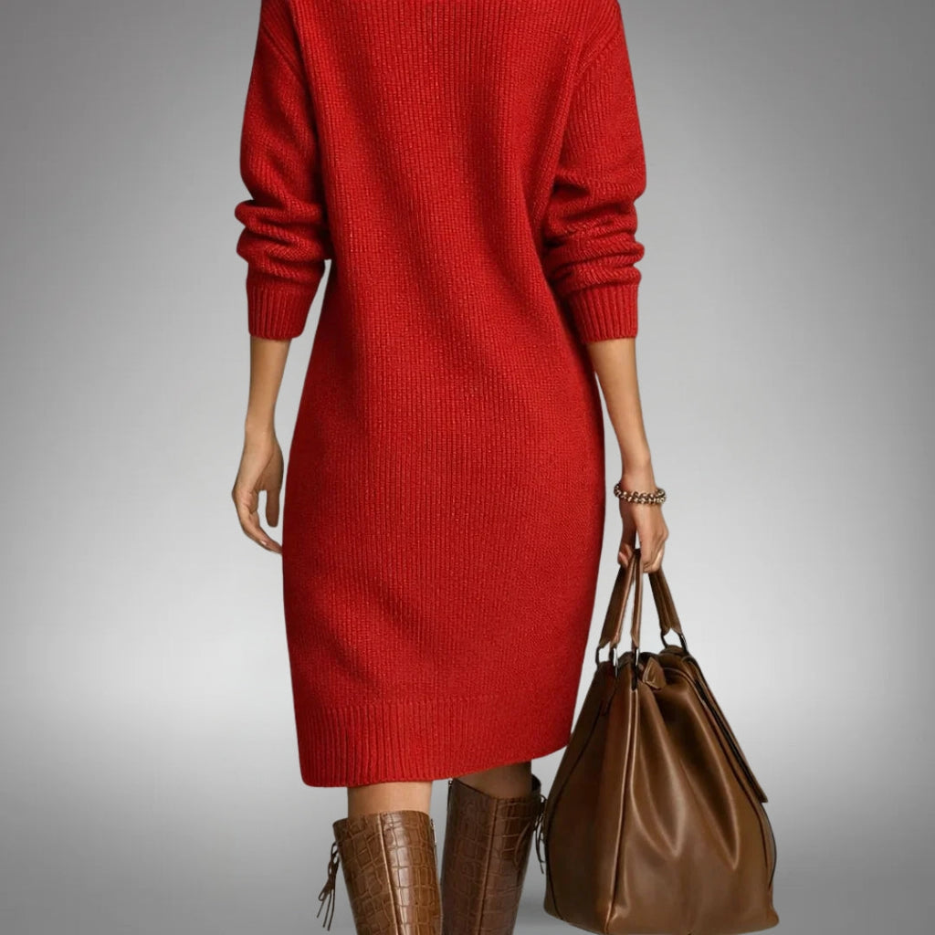 Sweater Dress Women's Long Sleeve with Stand Collar and Button Detail - 5 - London-stylehouse.com