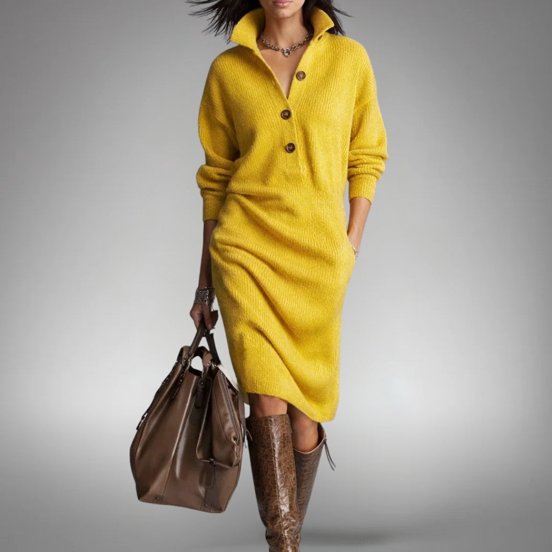 Sweater Dress Women's Long Sleeve with Stand Collar and Button Detail - 10 - London-stylehouse.com
