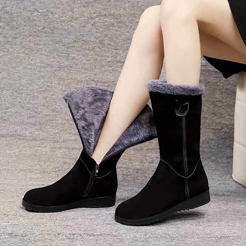Women's Knee-High Boots with Zip Closure and Faux Fur Cuff - 1 - London-stylehouse.com