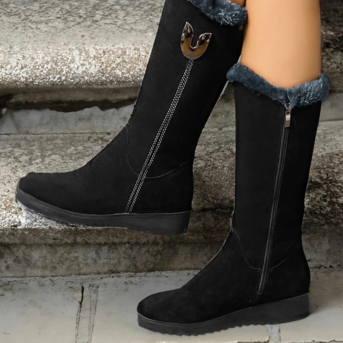 Women's Knee-High Boots with Zip Closure and Faux Fur Cuff - 2 - London-stylehouse.com
