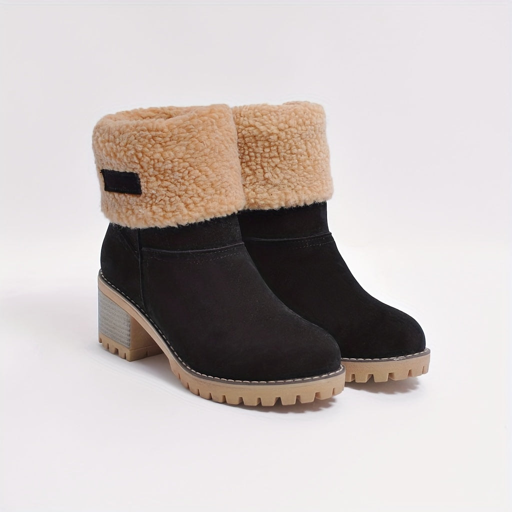 Women's Ankle Boots with Block Heel and Plush Cuff for Extra Warmth - 1 - London-stylehouse.com