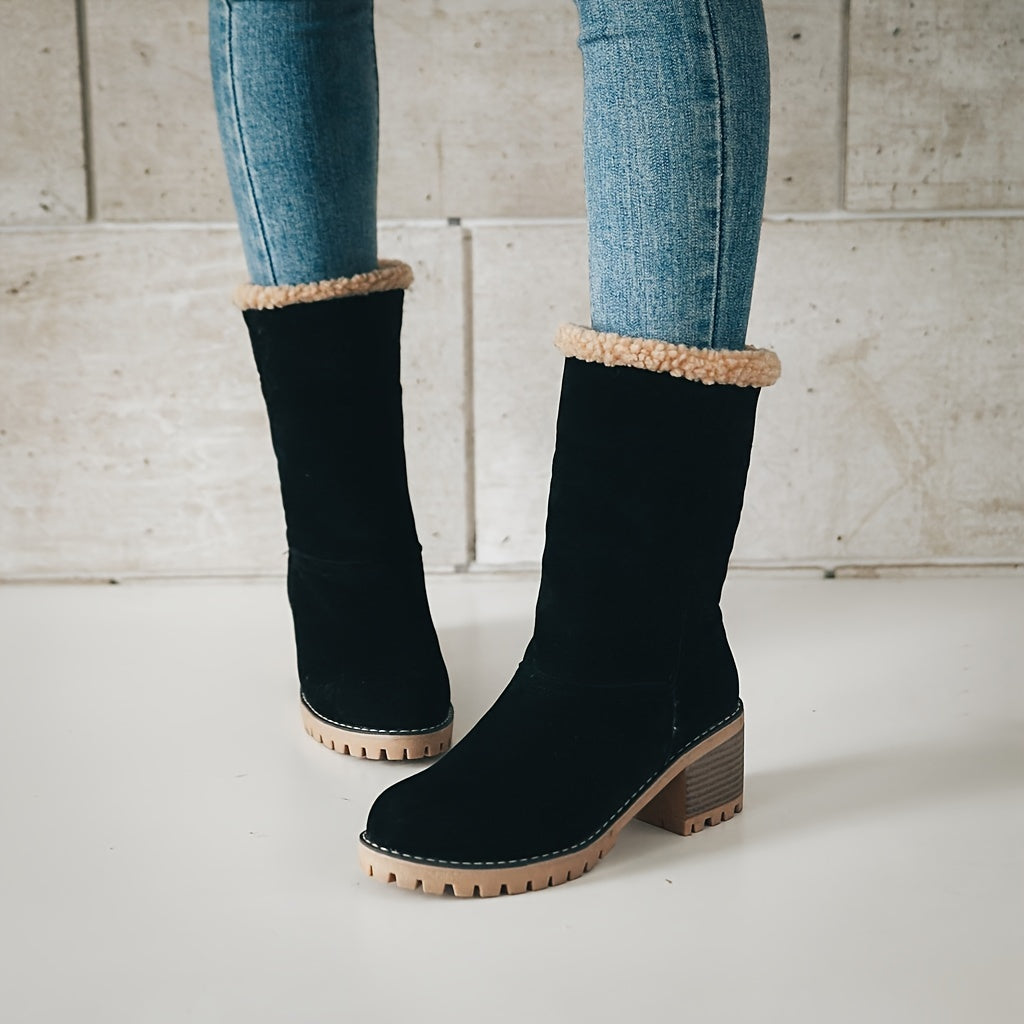 Women's Ankle Boots with Block Heel and Plush Cuff for Extra Warmth - 2 - London-stylehouse.com