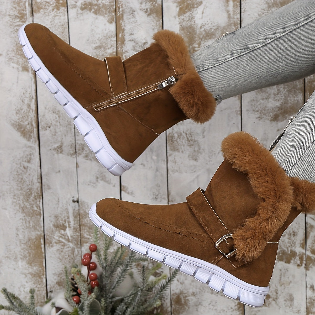 Women's Ankle Boots with Faux Fur Trim and Zip Closure - 7 - London-stylehouse.com
