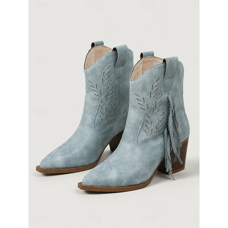 Western Boots Women with Block Heel and Fringe Detail - 3 - London-stylehouse.com