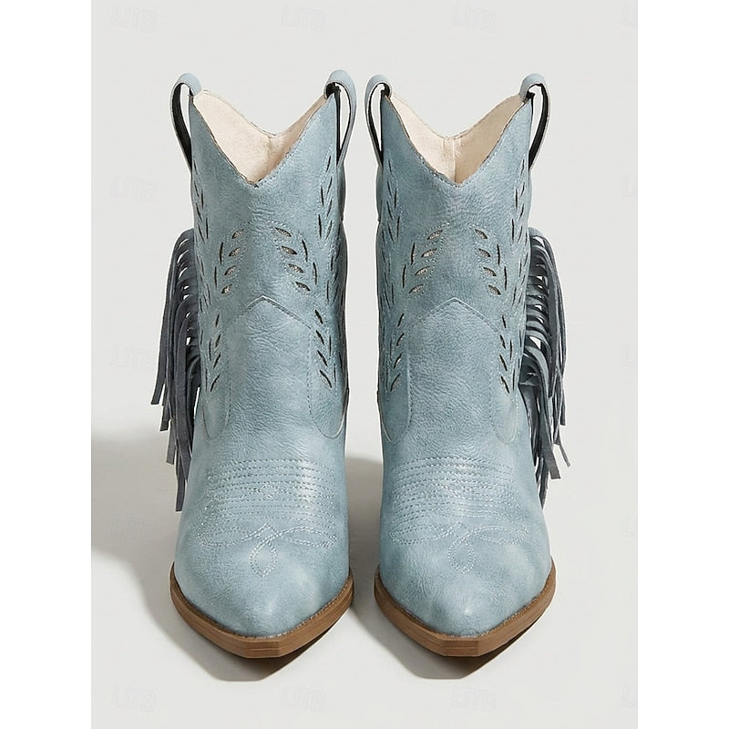 Western Boots Women with Block Heel and Fringe Detail - 4 - London-stylehouse.com