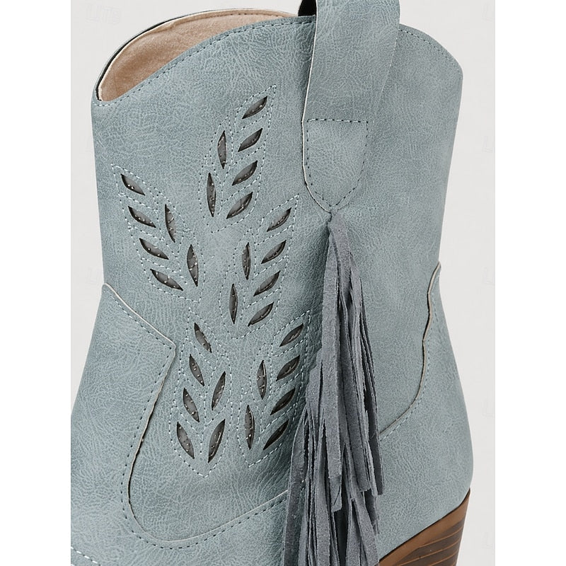 Western Boots Women with Block Heel and Fringe Detail - 5 - London-stylehouse.com